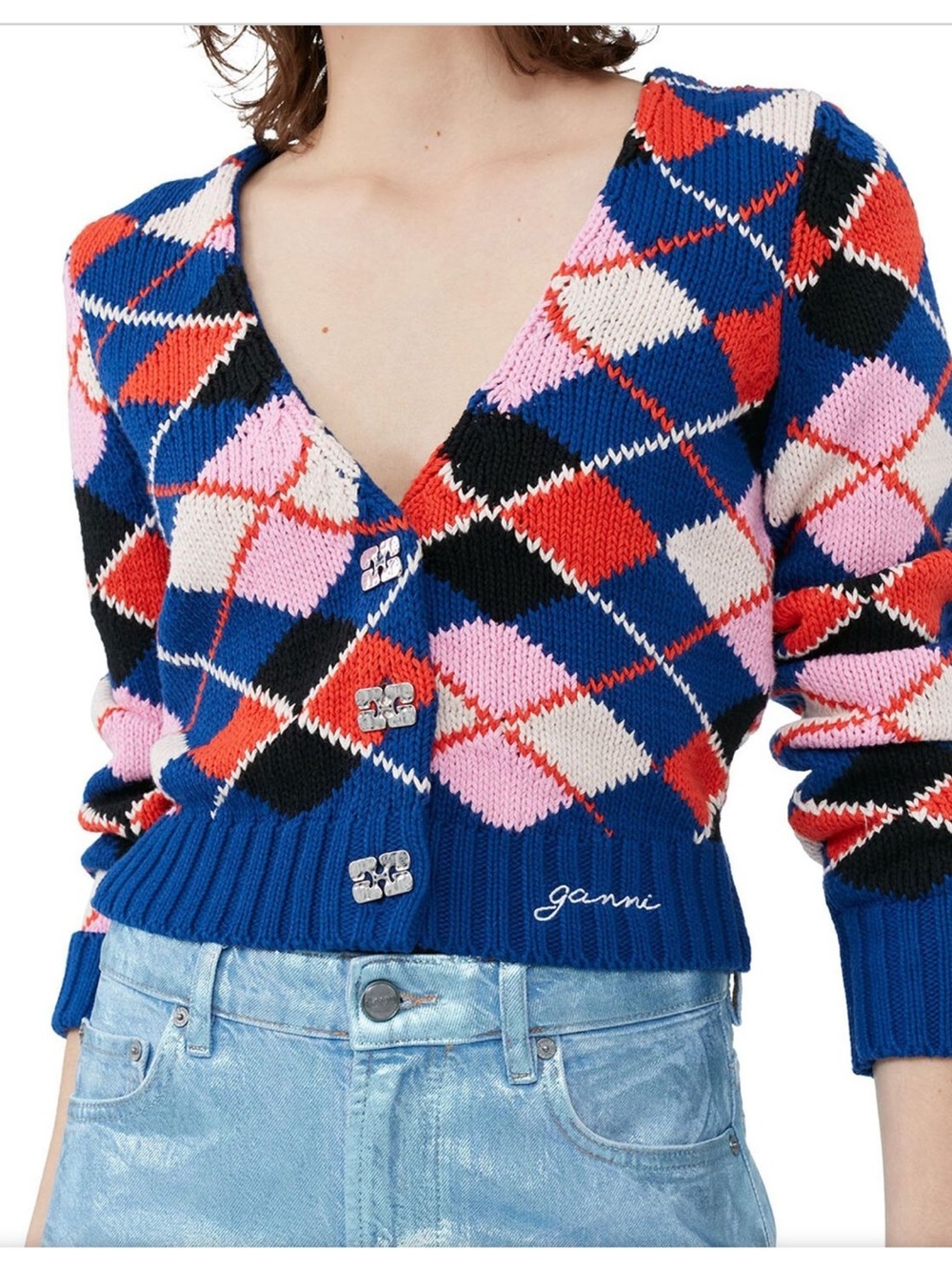 Ganni Blue Argyle V-Neck Cardigan with Pink and Red Accents